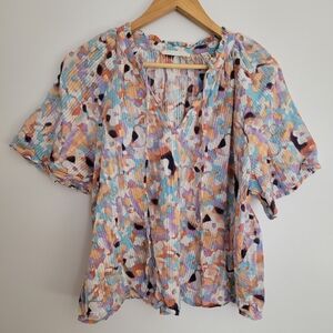 Esprit Pastel Floral Blouse Size XL Tie-neck Summer Flowy